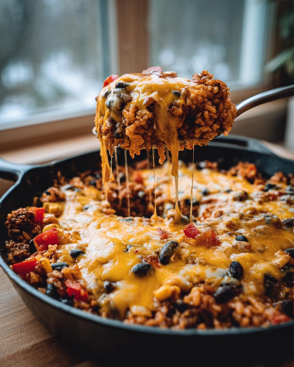 A spoonful of Irresistible Cheesy Taco Skillet With Rice showing melted cheese stretching as it's lifted from the black skillet.