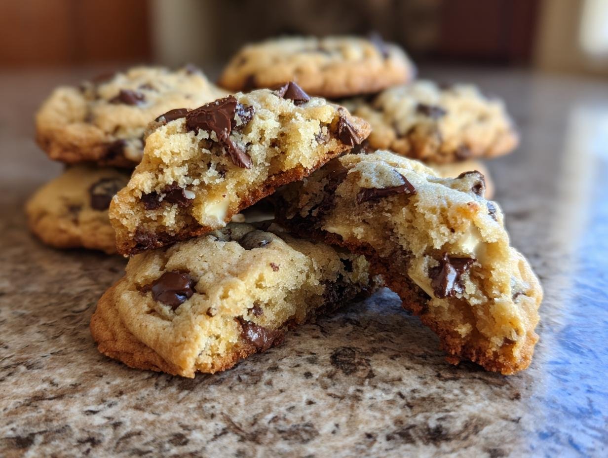 Close-up of chewy Cake Batter Chocolate Chip Cookies, one broken in half showing the soft interior and chocolate chunks.