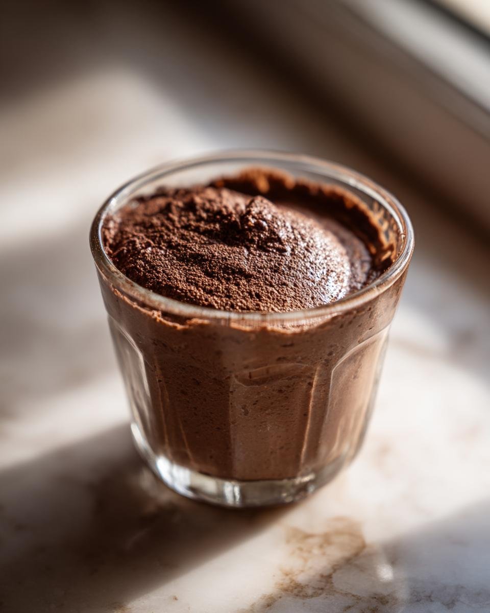 A single serving of rich, dark Irresistible Chocolate Hazelnut Mousse in a small glass, dusted with cocoa powder.
