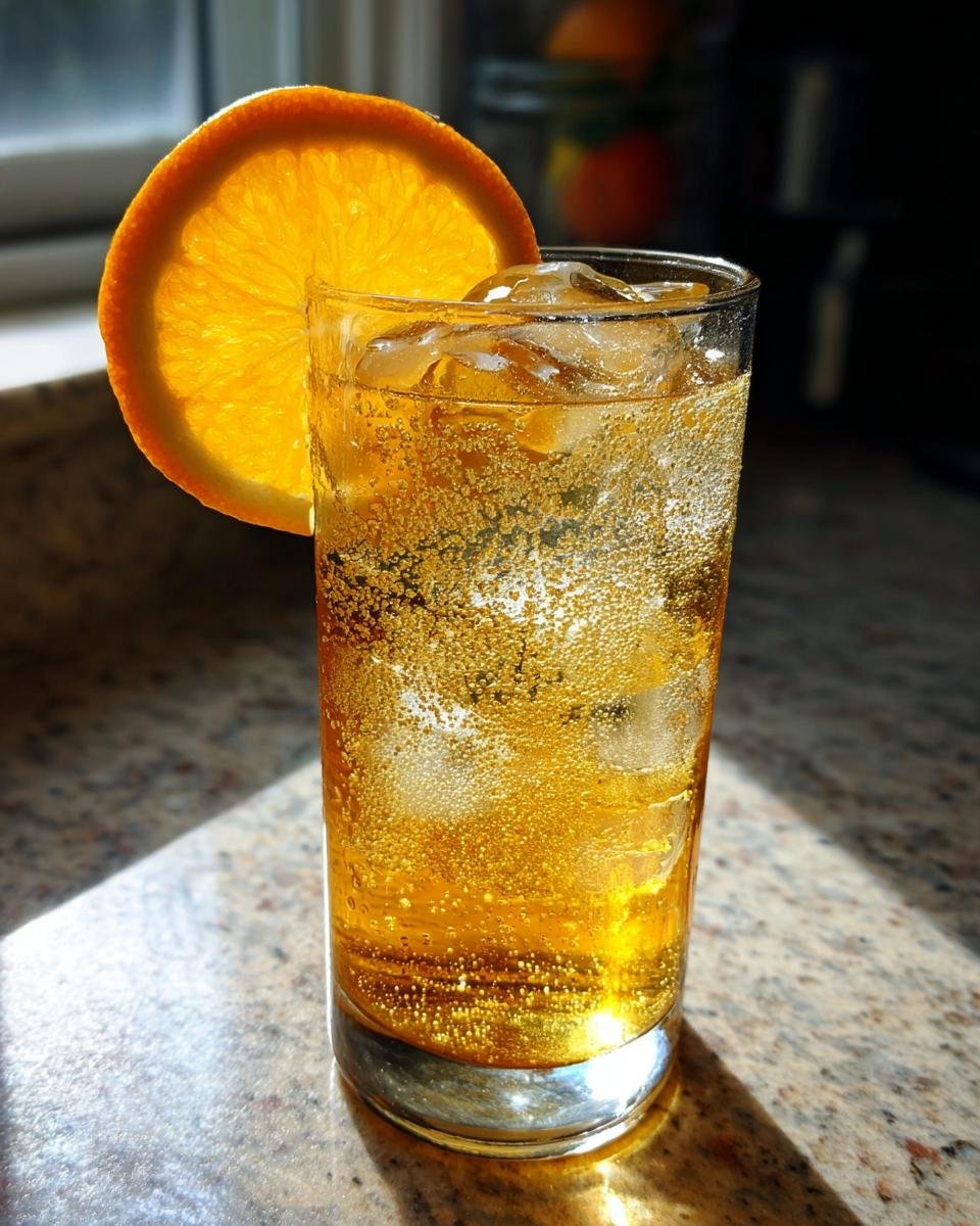 A tall glass filled with a bubbly, amber Citrus And Honey Mocktail, ice, and an orange slice garnish.
