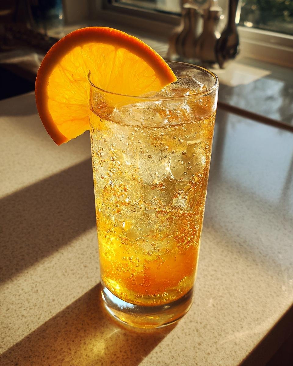 A tall glass filled with a bubbly, amber-colored Citrus And Honey Mocktail, garnished with a bright orange slice.