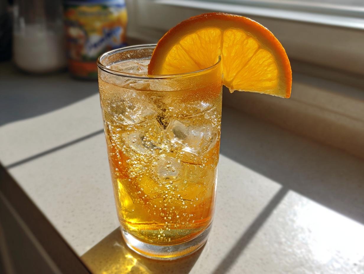 A tall glass filled with a bubbly, amber Citrus And Honey Mocktail, ice, and garnished with a bright orange slice.