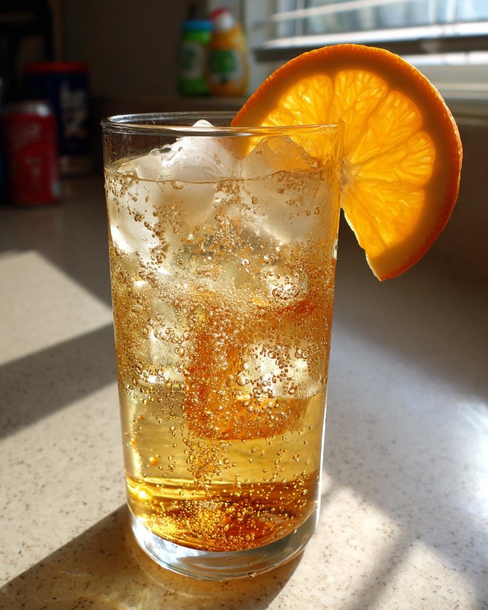 Close-up of a tall glass filled with a bubbly, amber Citrus And Honey Mocktail over ice, garnished with a bright orange slice.