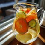 Close-up of Citrus Ginger Pear Detox Infused Water in a glass pitcher with bubbles, featuring orange, lime, and pear slices.