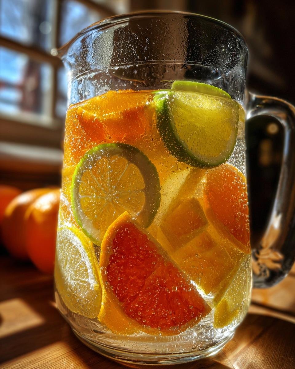 Close-up of Citrus Ginger Pear Detox Infused Water in a glass pitcher with orange, lime, and grapefruit slices.