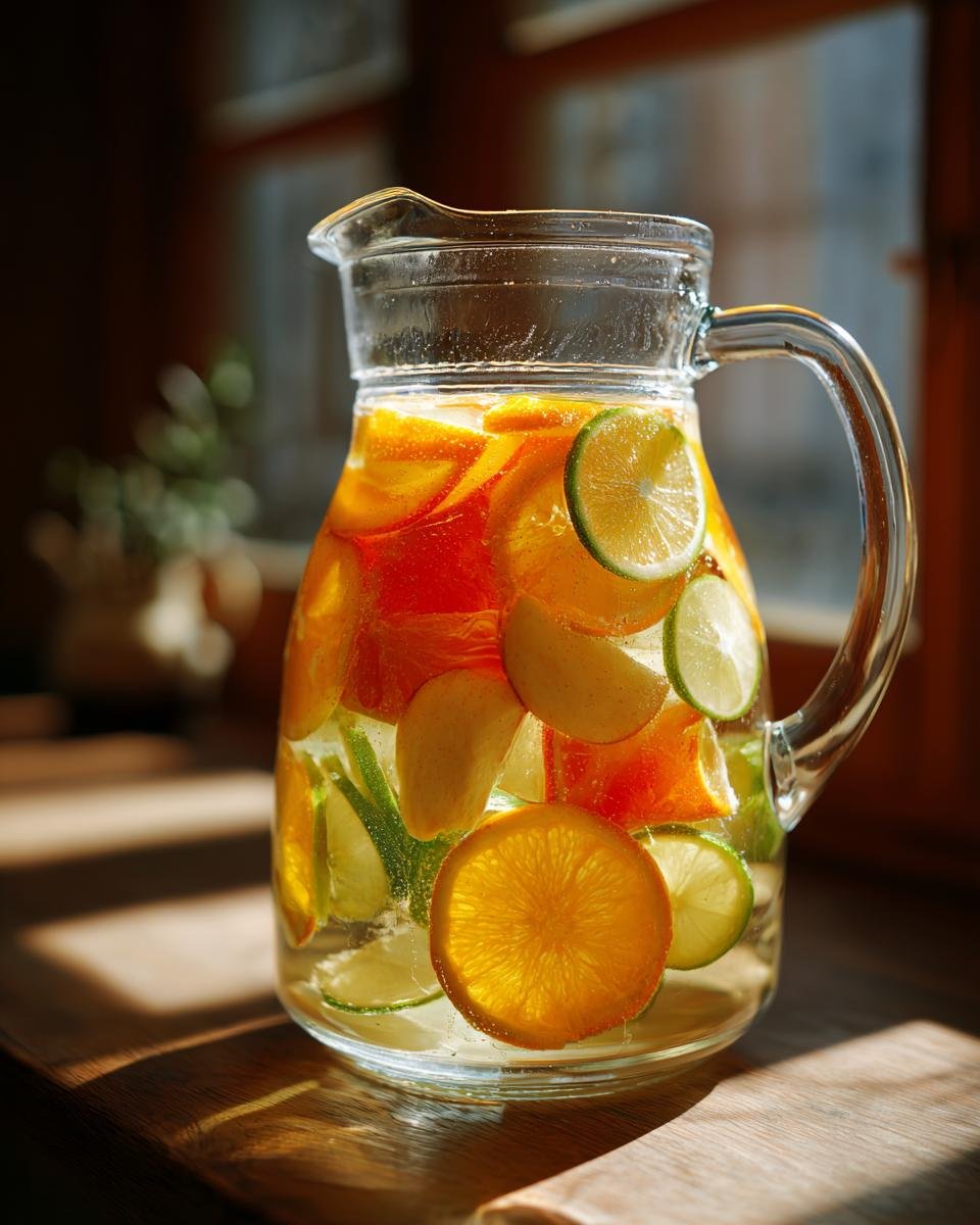 Glass pitcher filled with Citrus Ginger Pear Detox Infused Water, showing slices of orange, lime, and pear.