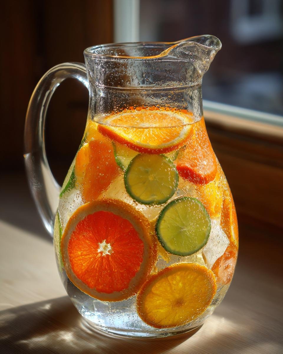 A glass pitcher filled with Citrus Ginger Pear Detox Infused Water, featuring slices of orange and lime.