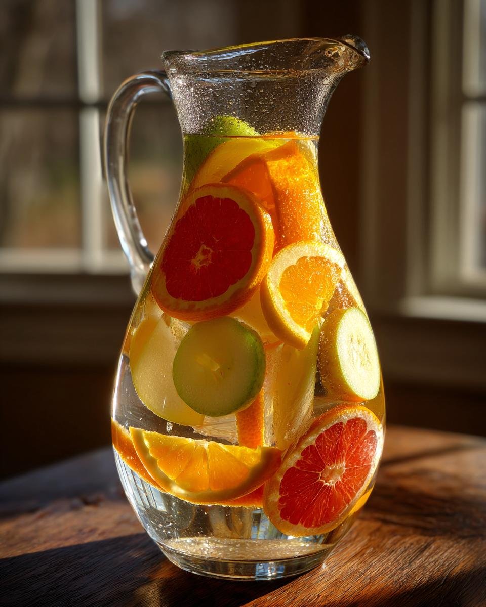 A glass pitcher filled with Citrus Ginger Pear Detox Infused Water, showing slices of orange, grapefruit, and pear.