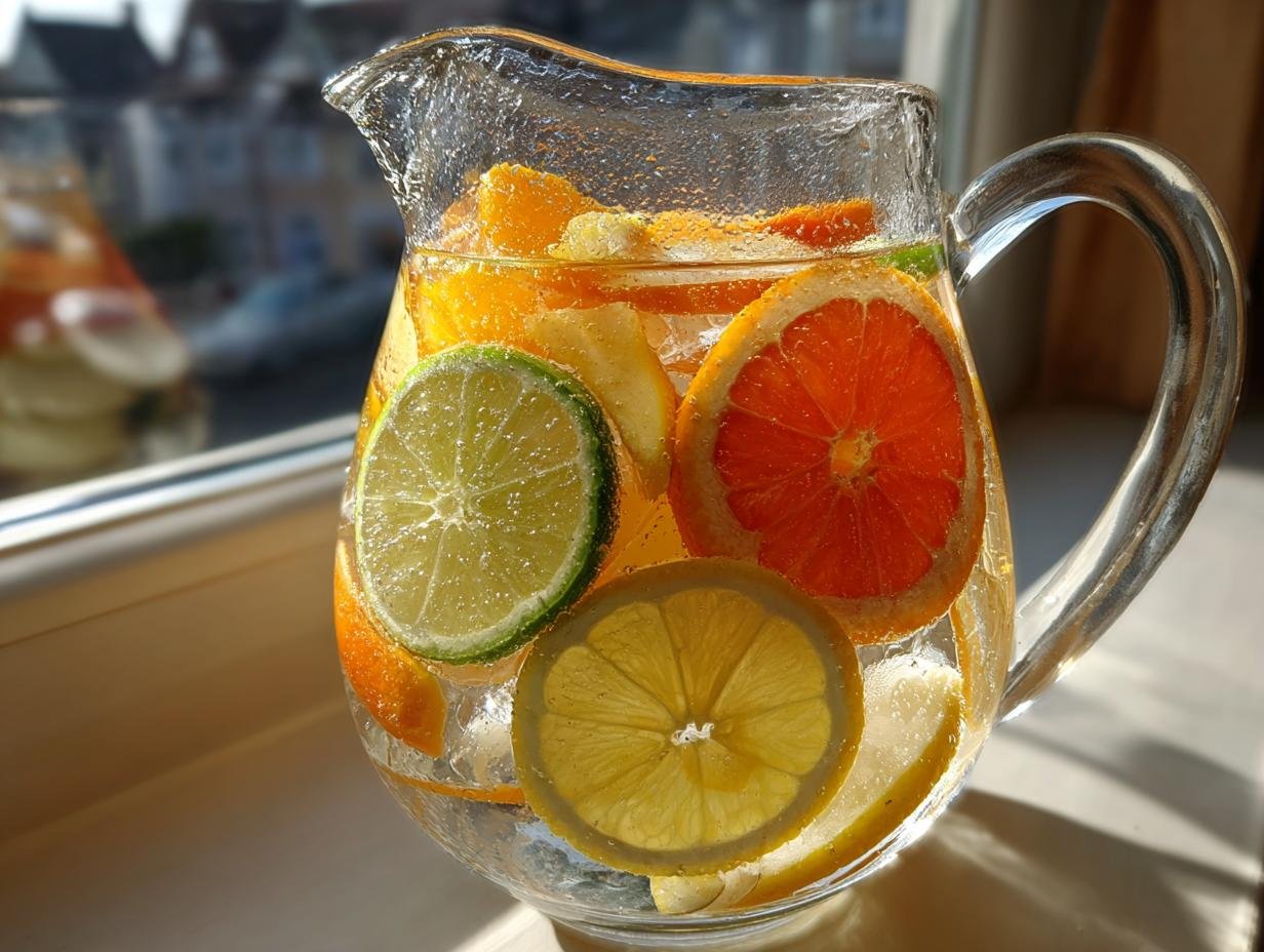 Close-up of a glass pitcher filled with Citrus Ginger Pear Detox Infused Water, featuring slices of orange, lemon, and lime.