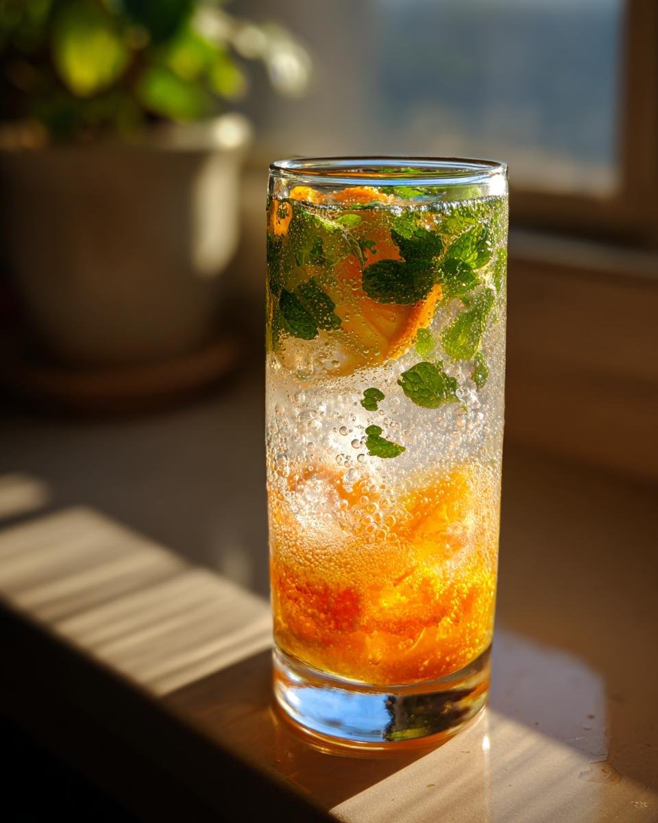 Close-up of a tall glass containing a Citrus Honey Mint Mocktail with orange slices, mint leaves, and sparkling water.