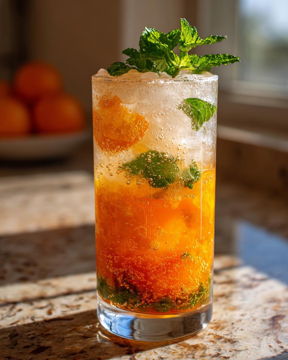 Close-up of a tall glass filled with a bubbly Citrus Honey Mint Mocktail, garnished with fresh mint and orange slices.