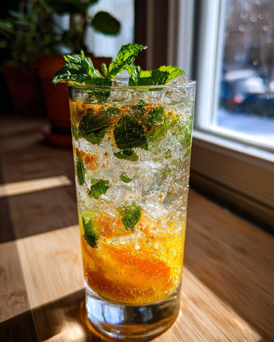 A tall glass filled with a bubbly Citrus Honey Mint Mocktail, ice, mint leaves, and orange pieces, sitting on a wooden surface.