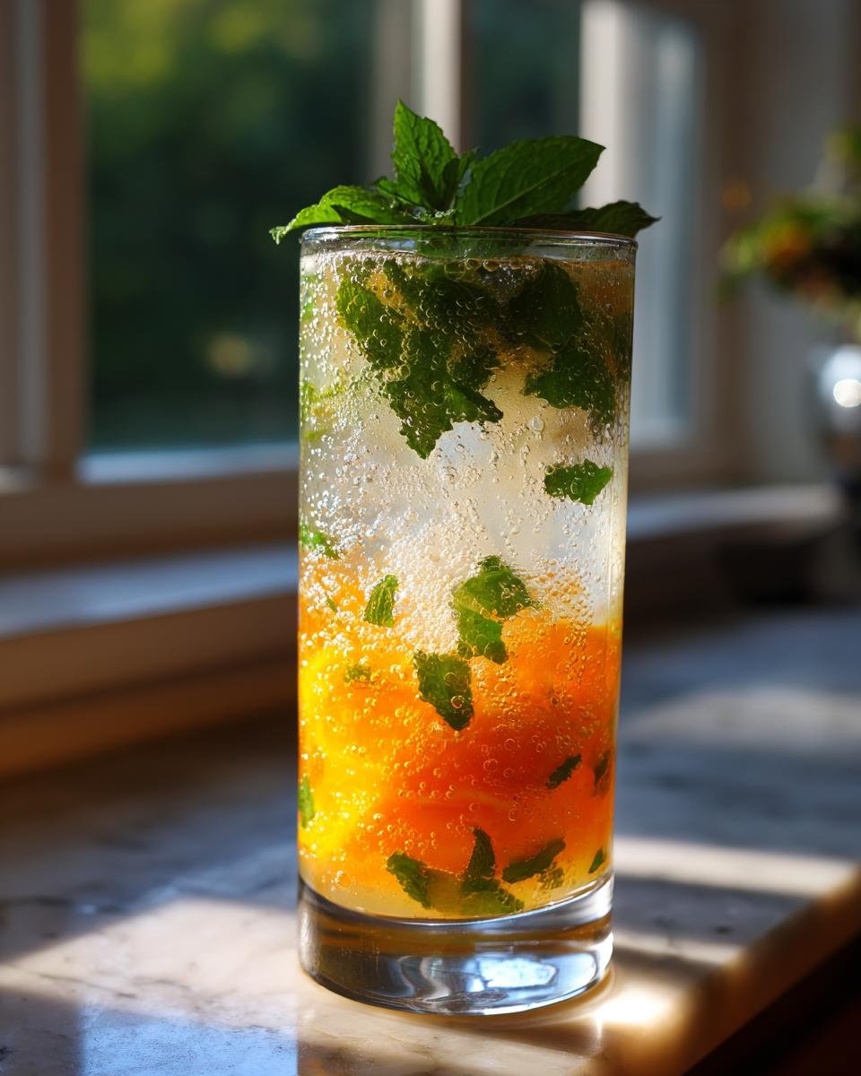 A tall glass filled with a bubbling Citrus Honey Mint Mocktail, featuring bright orange fruit pieces and fresh mint leaves.