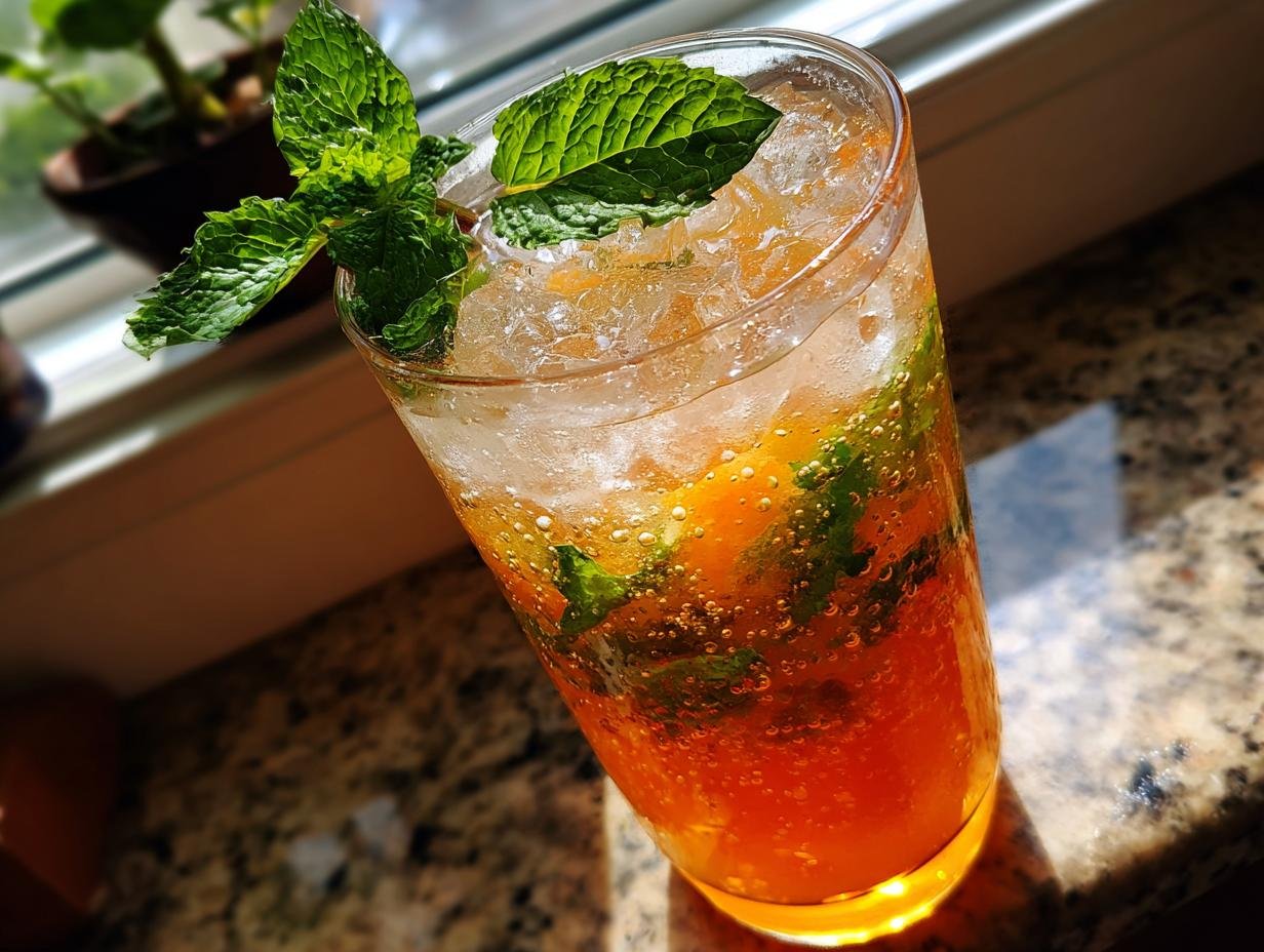 A tall glass filled with a bubbly, orange-hued Citrus Honey Mint Mocktail, crushed ice, and garnished with fresh mint leaves.