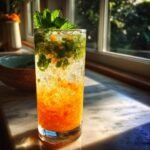 A tall glass filled with a layered Citrus Honey Mint Mocktail, crushed ice, muddled orange, and topped with fresh mint.