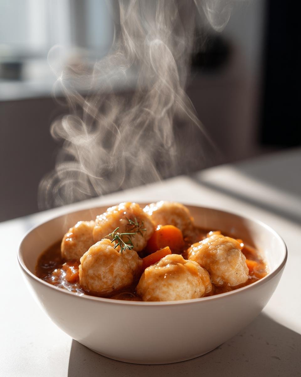 Close-up of a bowl filled with hot, steaming Comforting Ground Beef And Dumplings in a rich gravy with carrots.