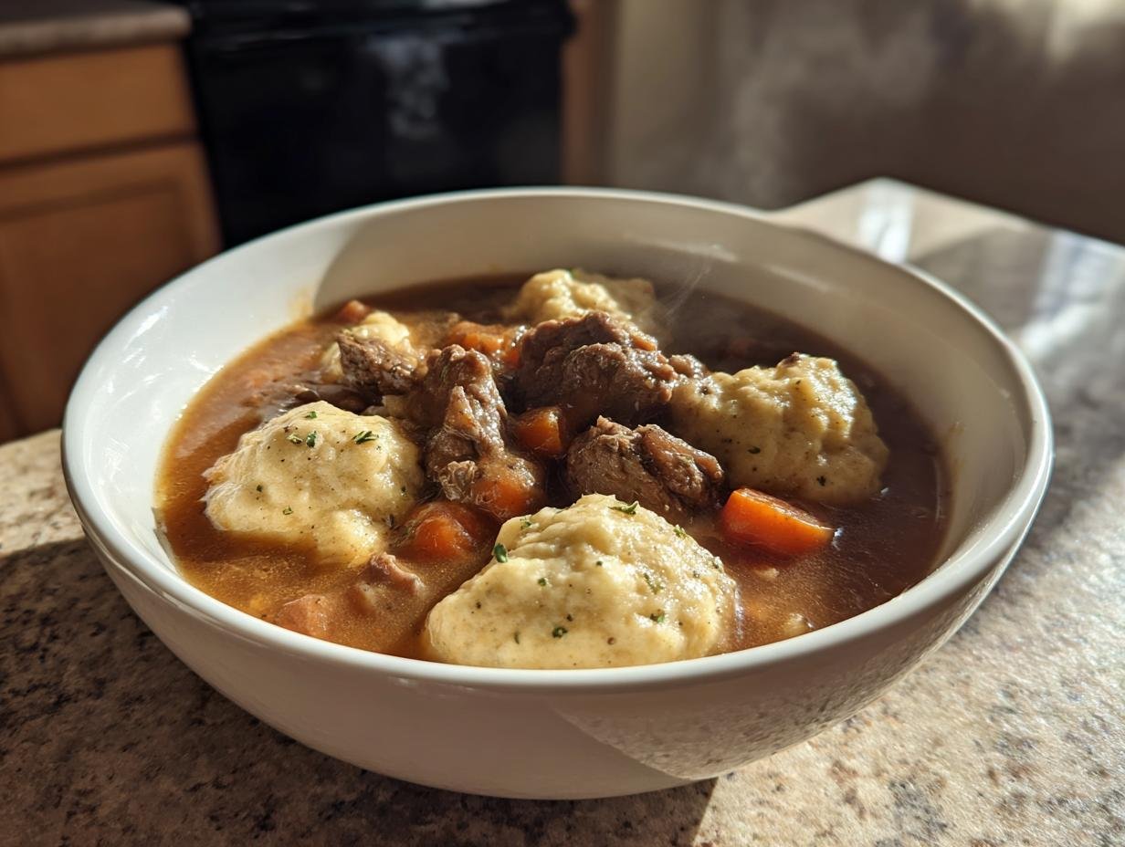 Close-up of a white bowl filled with Comforting Ground Beef and Dumplings stew, showing chunks of beef, carrots, and fluffy dumplings.