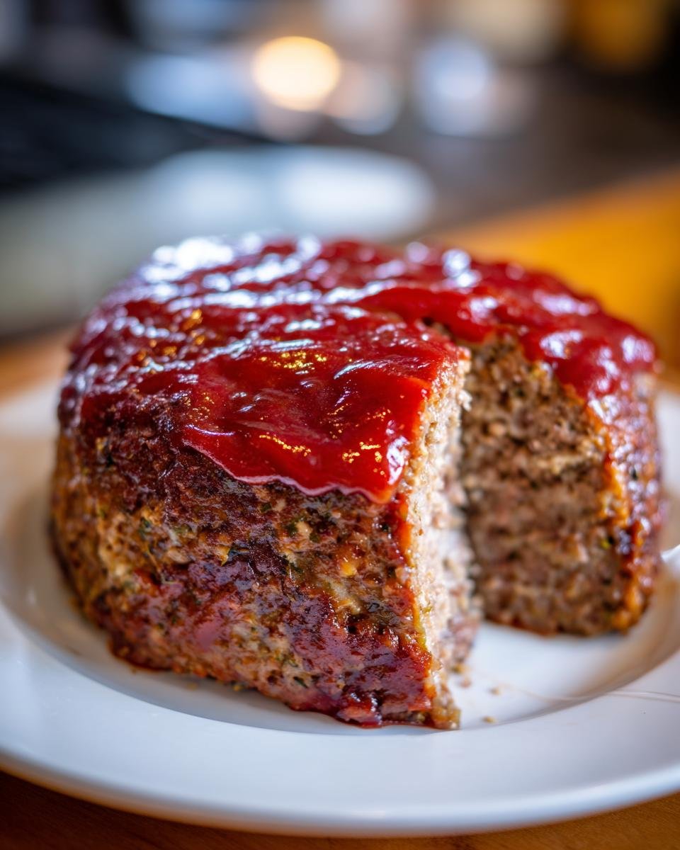 A moist, round stovetop meatloaf recipe with a thick, glossy ketchup glaze, served on a white plate.