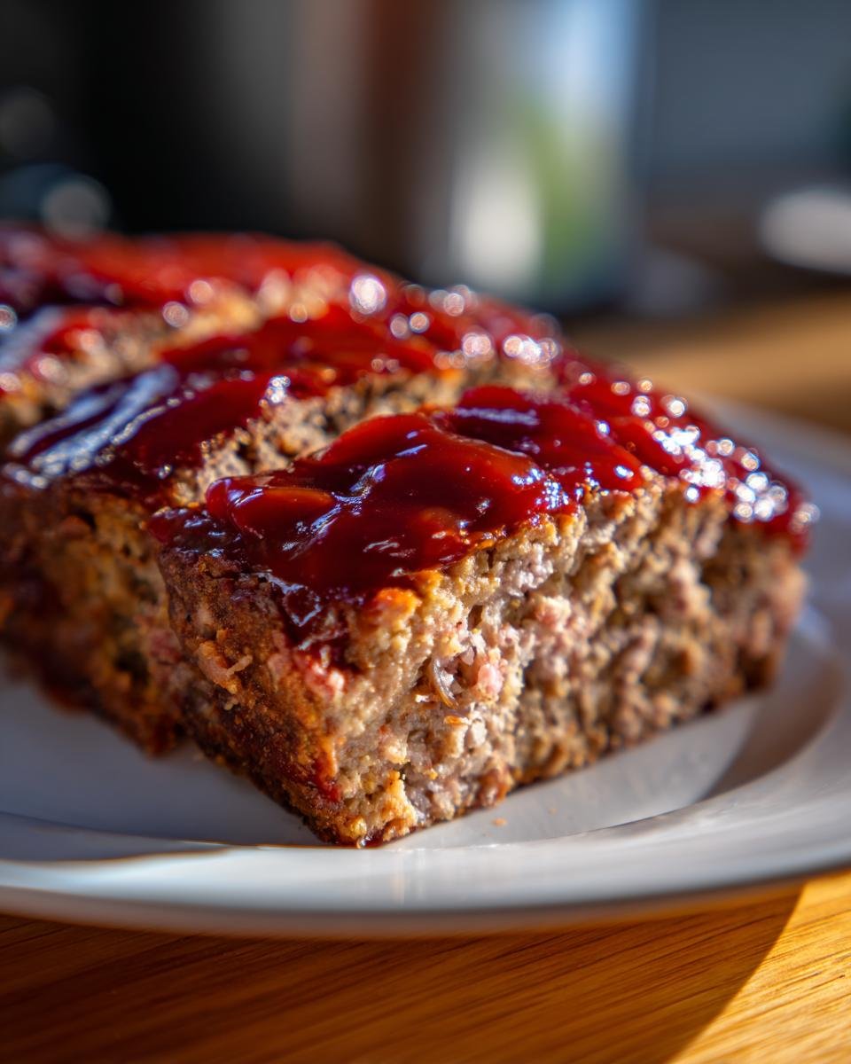 Close-up of a thick slice of Comforting Stovetop Meatloaf Recipe topped with a shiny red glaze.