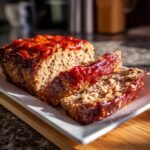 A close-up of a Comforting Stovetop Meatloaf Recipe, sliced and covered in a thick, glossy ketchup glaze.