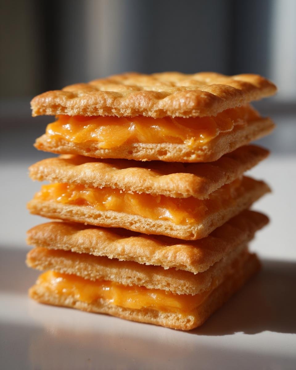Close-up of a stack of three Irresistible Copycat Ritz Cheese Cracker Sandwiches with bright orange cheese filling.