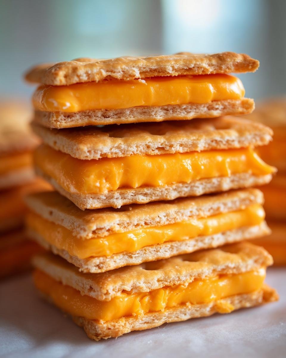 A close-up stack of four Irresistible Copycat Ritz Cheese Cracker Sandwiches with creamy orange cheese filling.