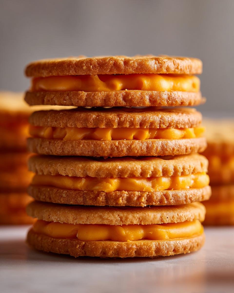 A tall stack of homemade copycat Ritz cheese cracker sandwiches filled with bright orange cheese spread.