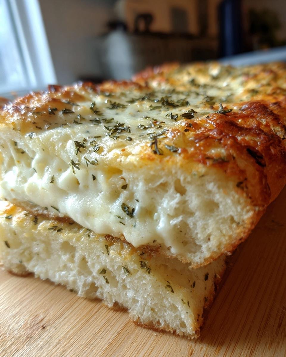 Close-up of two slices of Irresistible Copycat Subway Italian Herb Cheese Bread stacked, showing gooey melted cheese and herbs.