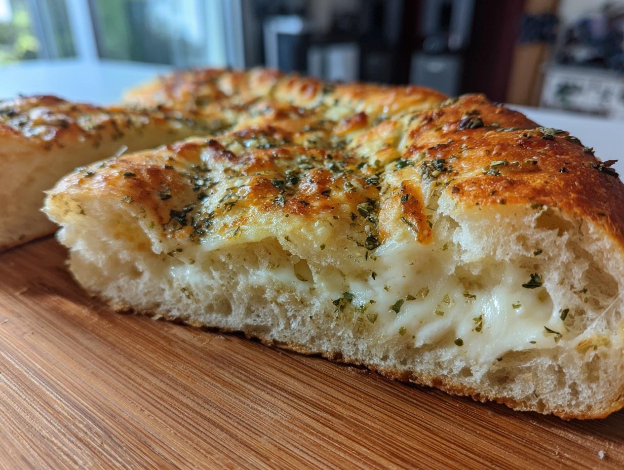 Close-up of a slice of Copycat Subway Italian Herb Cheese Bread showing the fluffy interior and melted cheese filling.