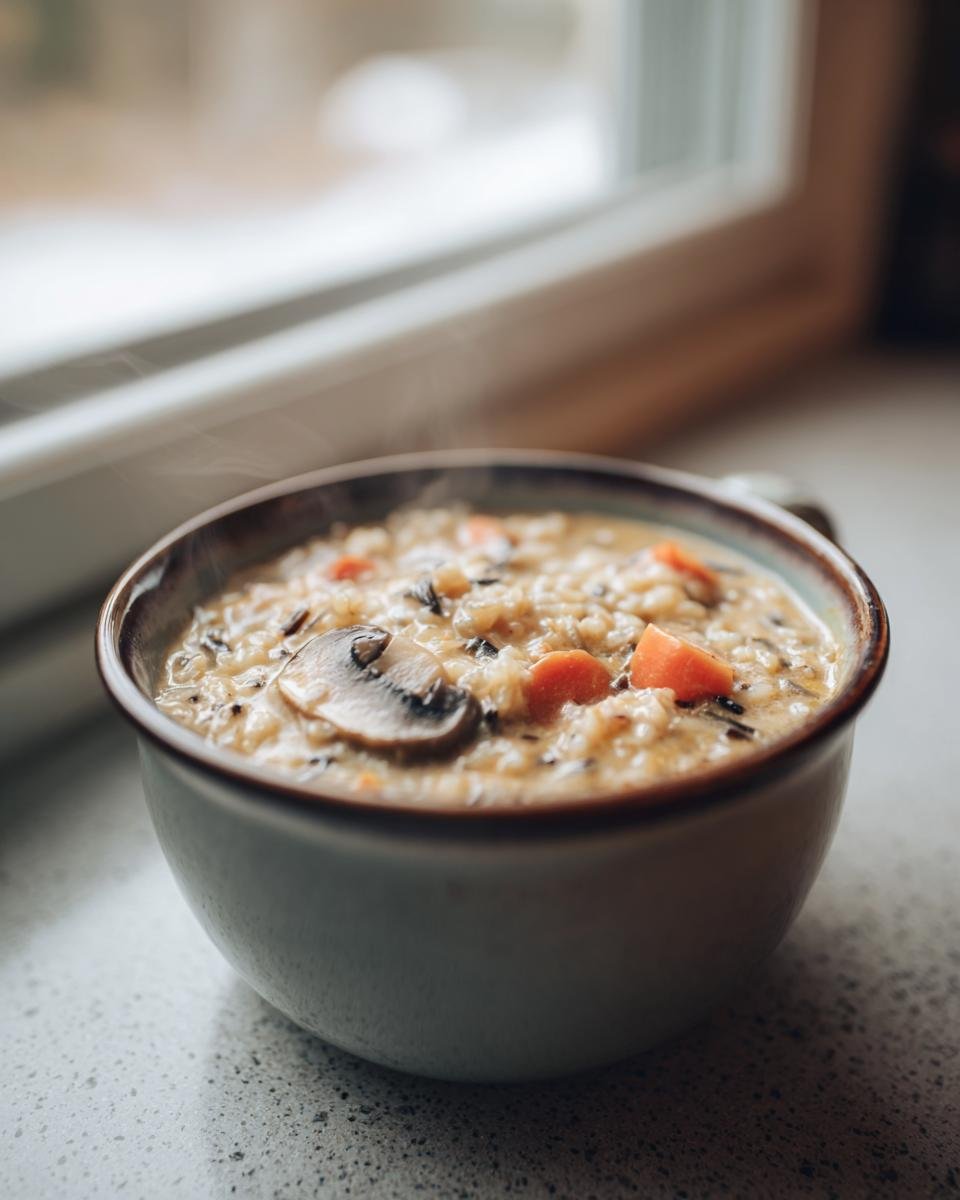 A steaming bowl of Cozy Autumn Wild Rice Soup featuring mushrooms and carrots, set near a window.