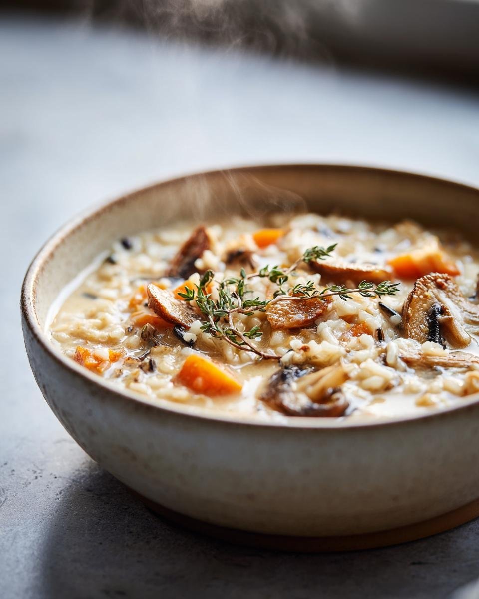 Close-up of steaming Cozy Autumn Wild Rice Soup with mushrooms and carrots, garnished with thyme.