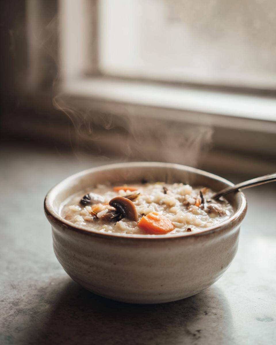 A steaming bowl of Cozy Autumn Wild Rice Soup with visible mushrooms and carrots, set near a window.