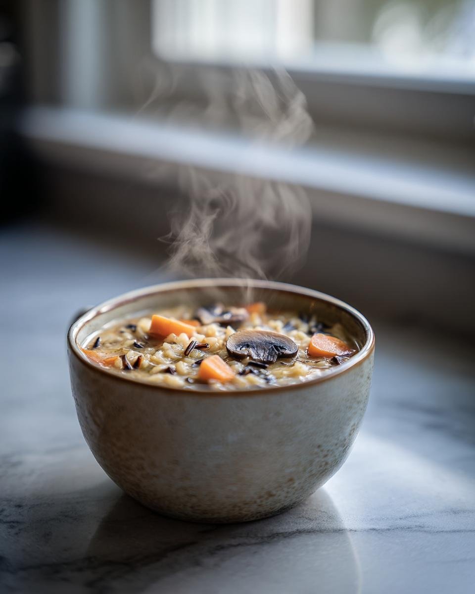 A steaming bowl of Cozy Autumn Wild Rice Soup with visible wild rice, carrots, and mushrooms, set near a window.