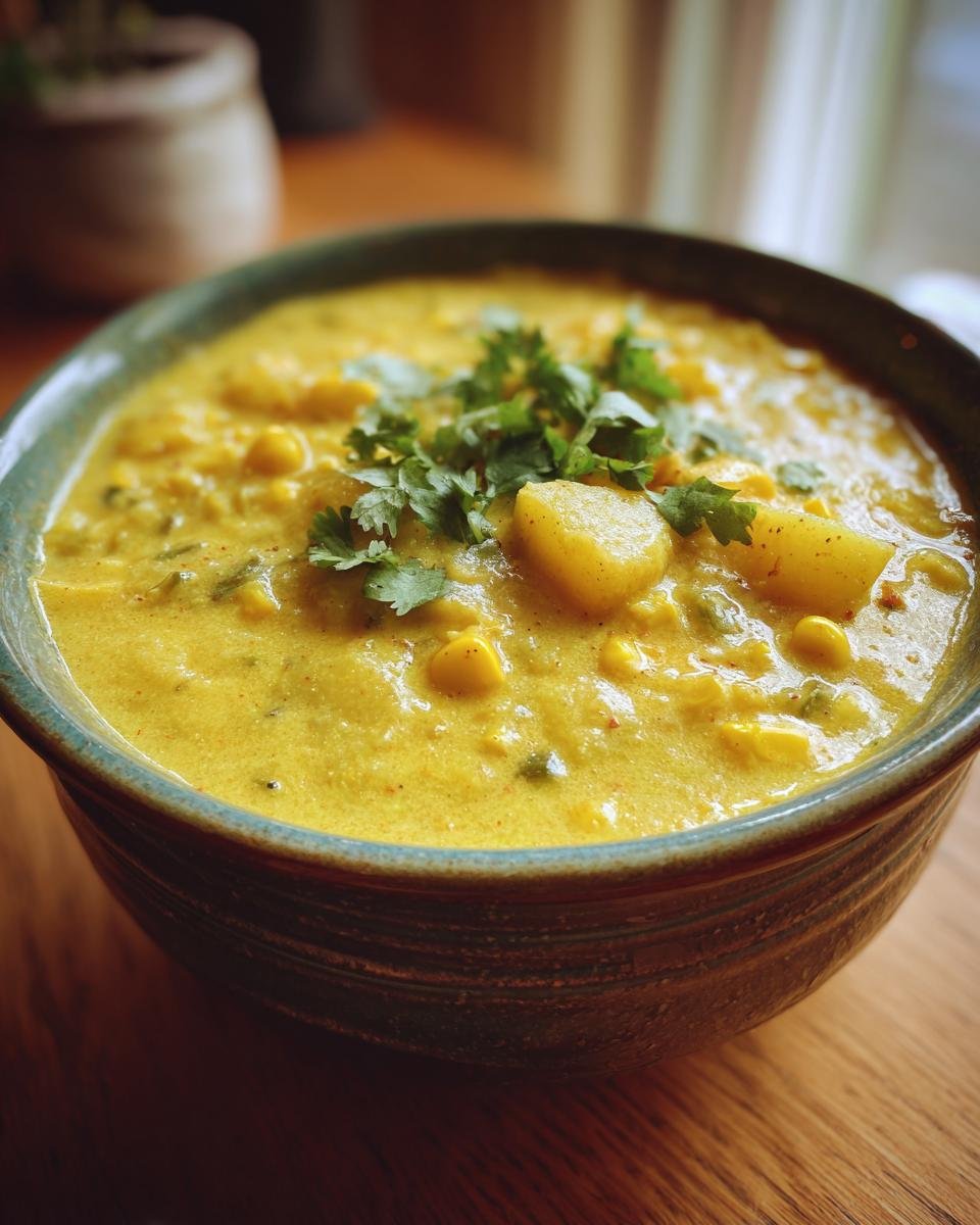 Close-up of a bowl of Cozy Creamy Poblano Corn Chowder garnished with fresh cilantro.