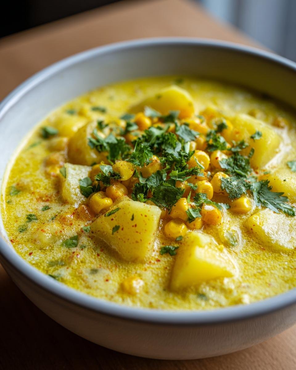 Close-up of a bowl of Cozy Creamy Poblano Corn Chowder With Potatoes, topped with corn kernels and fresh cilantro.