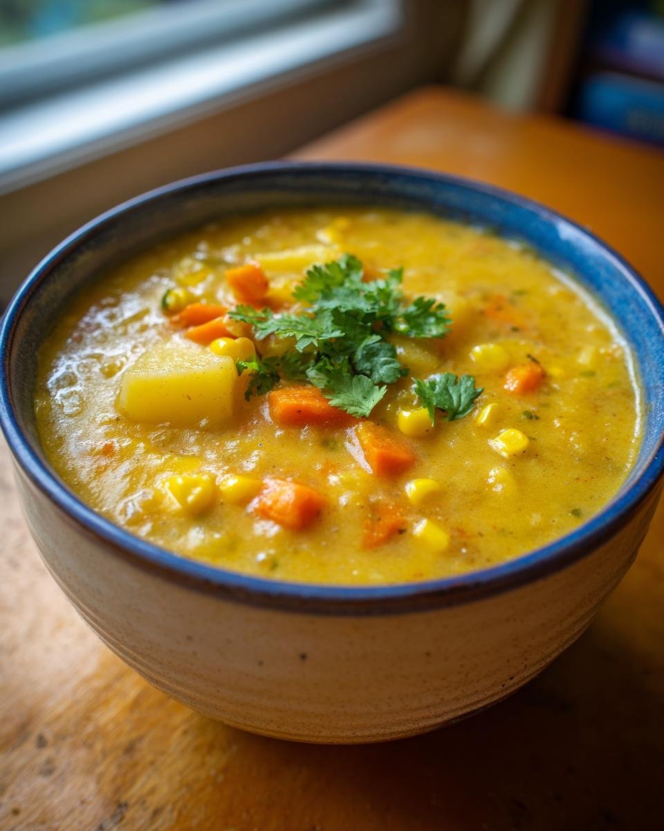 Close-up of a bowl of Cozy Creamy Poblano Corn Chowder With Potatoes, garnished with fresh cilantro.