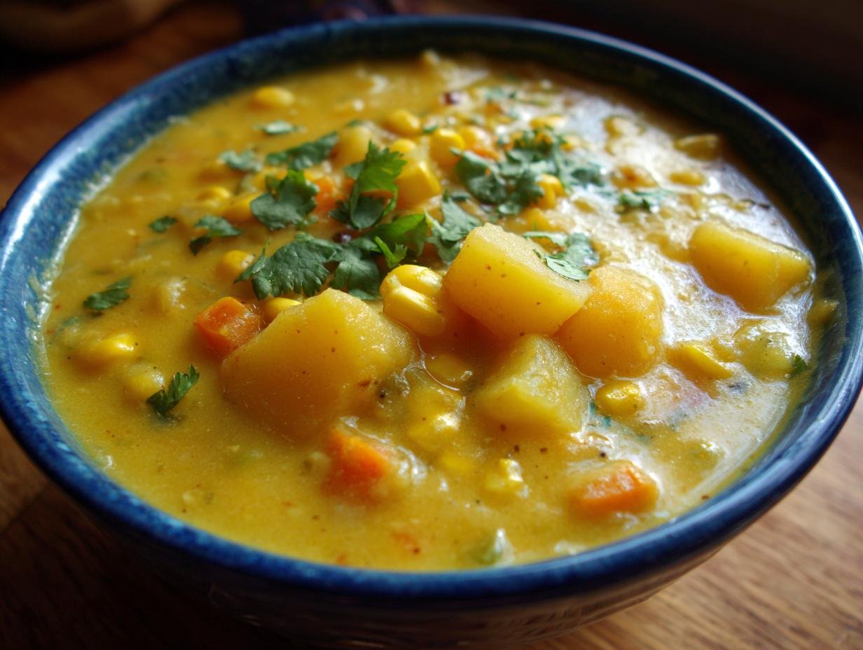 Close-up of a bowl of Cozy Creamy Poblano Corn Chowder With Potatoes, topped with fresh cilantro.