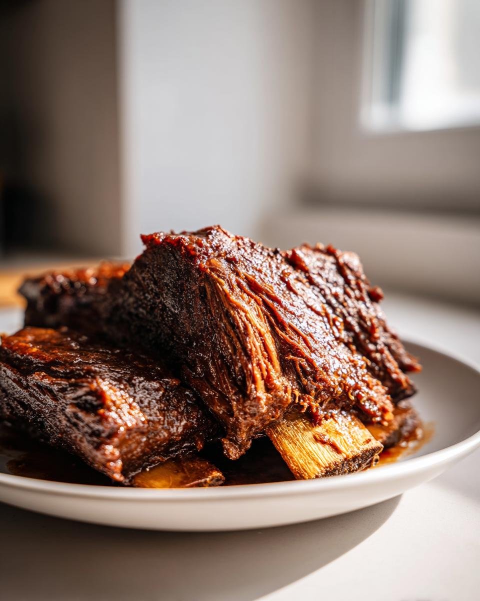 Close-up of tender, glazed Cozy Slow Cooker Short Ribs stacked on a white plate, showing falling-apart texture.