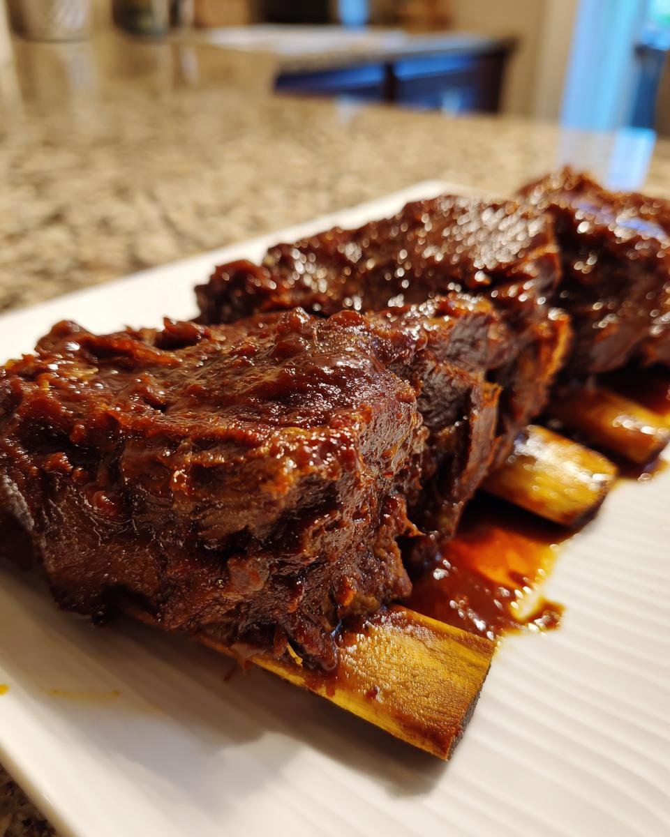 Close-up of tender, saucy Slow Cooker Short Ribs resting on a white platter.