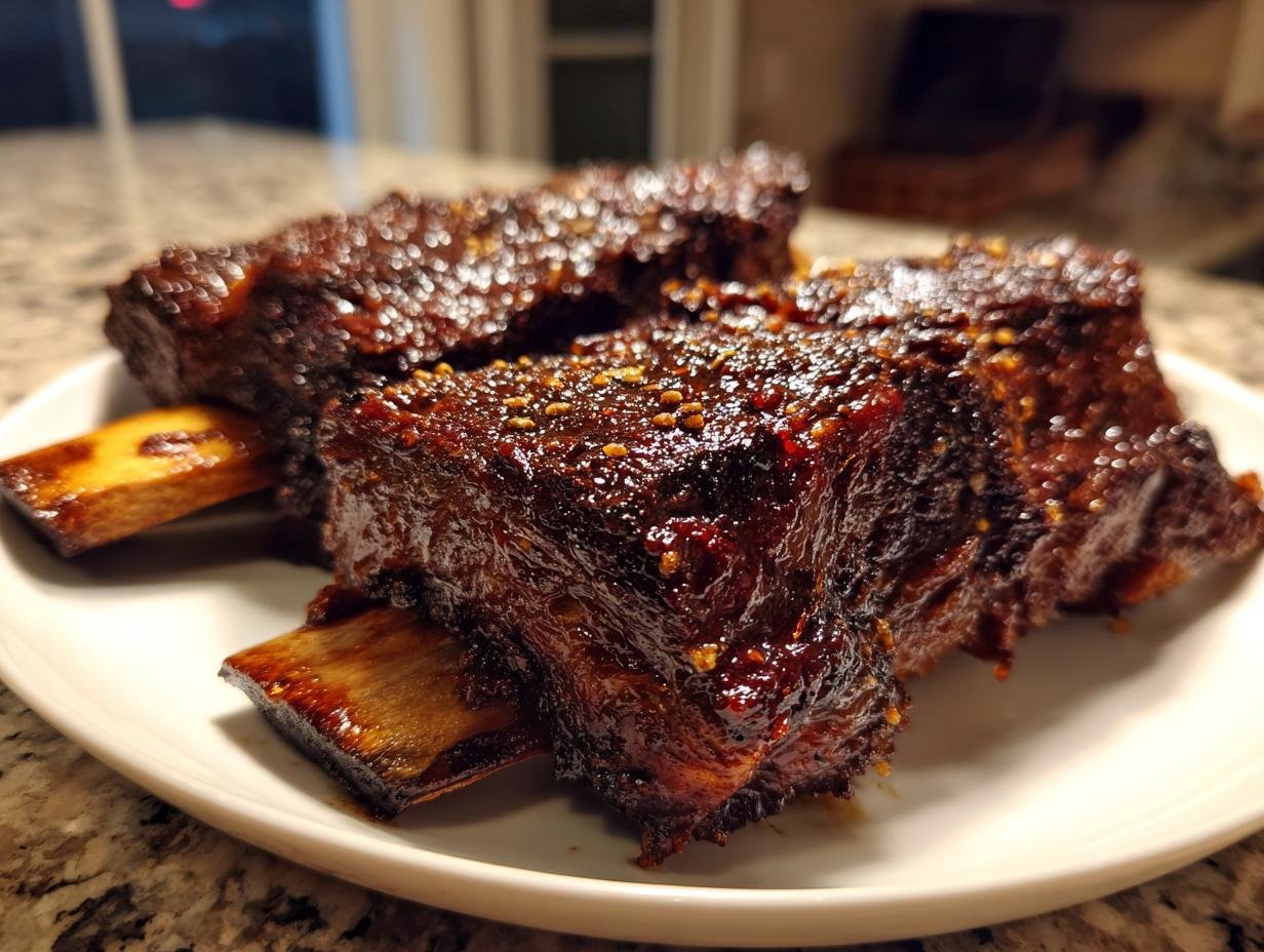 Close-up of three thick, glazed Cozy Slow Cooker Short Ribs with visible bone ends on a white plate.