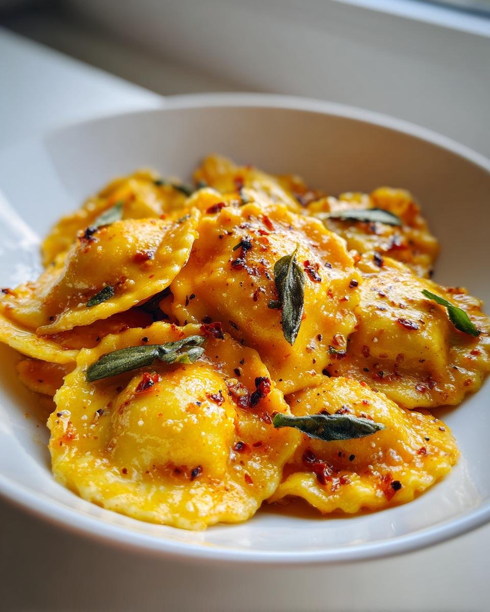 A close-up of bright orange Cozy Sun Dried Tomato Pumpkin Ravioli topped with fried sage leaves and chili flakes.