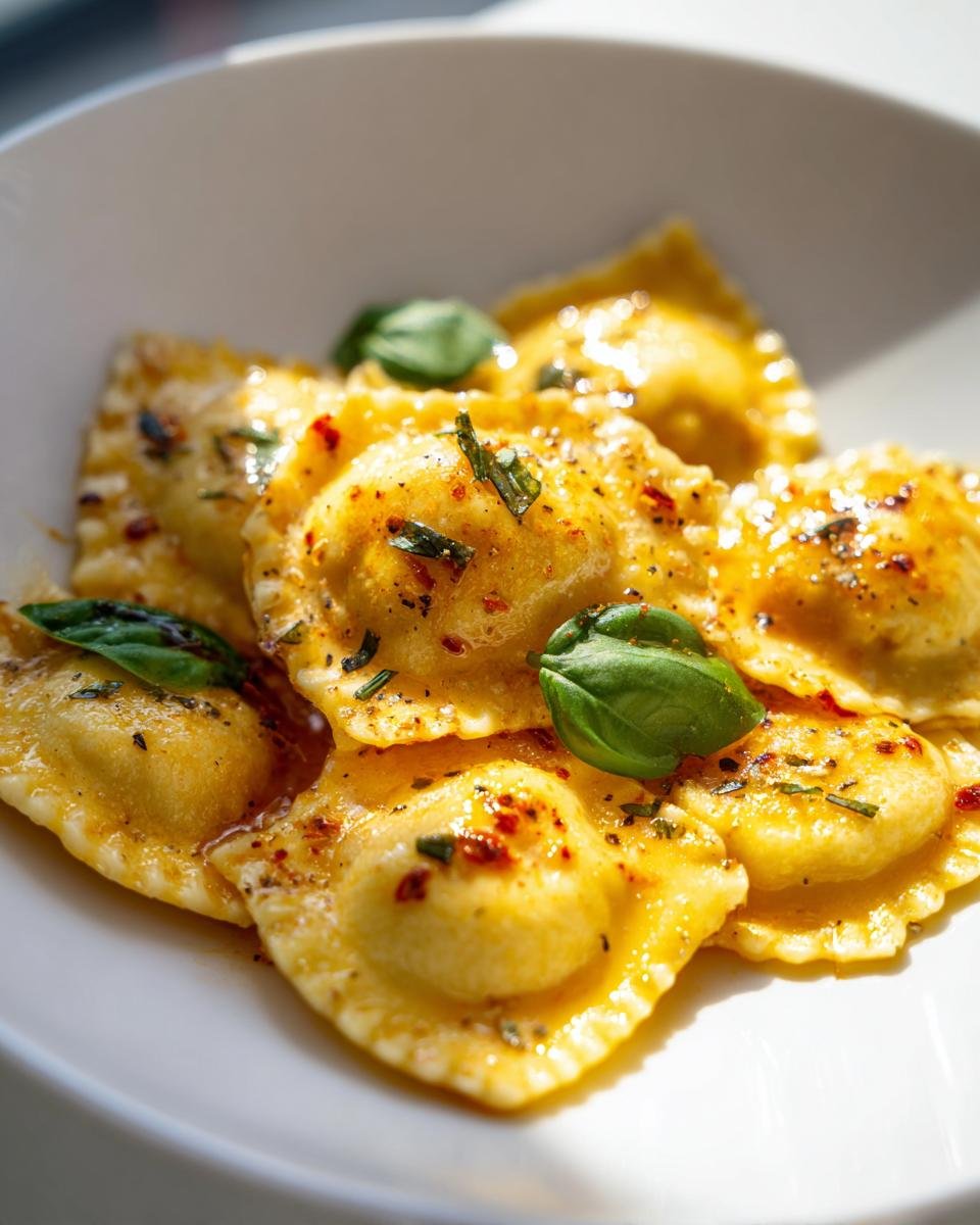 Close-up of golden Cozy Sun Dried Tomato Pumpkin Ravioli tossed in brown butter and topped with fresh basil.