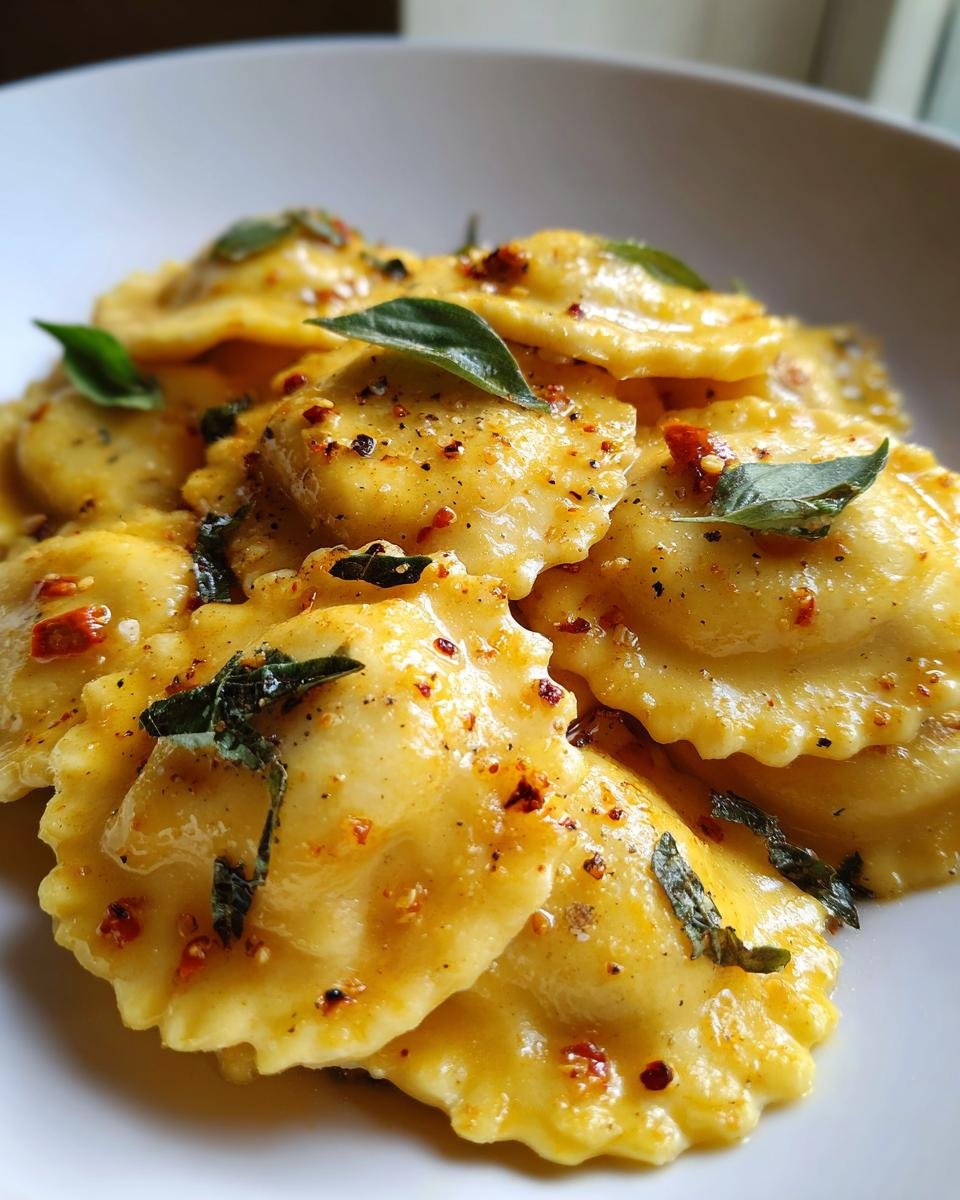 Close-up of golden Cozy Sun Dried Tomato Pumpkin Ravioli tossed in a light sauce, garnished with sage and chili flakes.