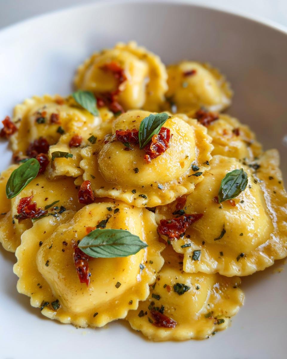 A close-up shot of golden Cozy Sun Dried Tomato Pumpkin Ravioli tossed in a light sauce and garnished with basil.