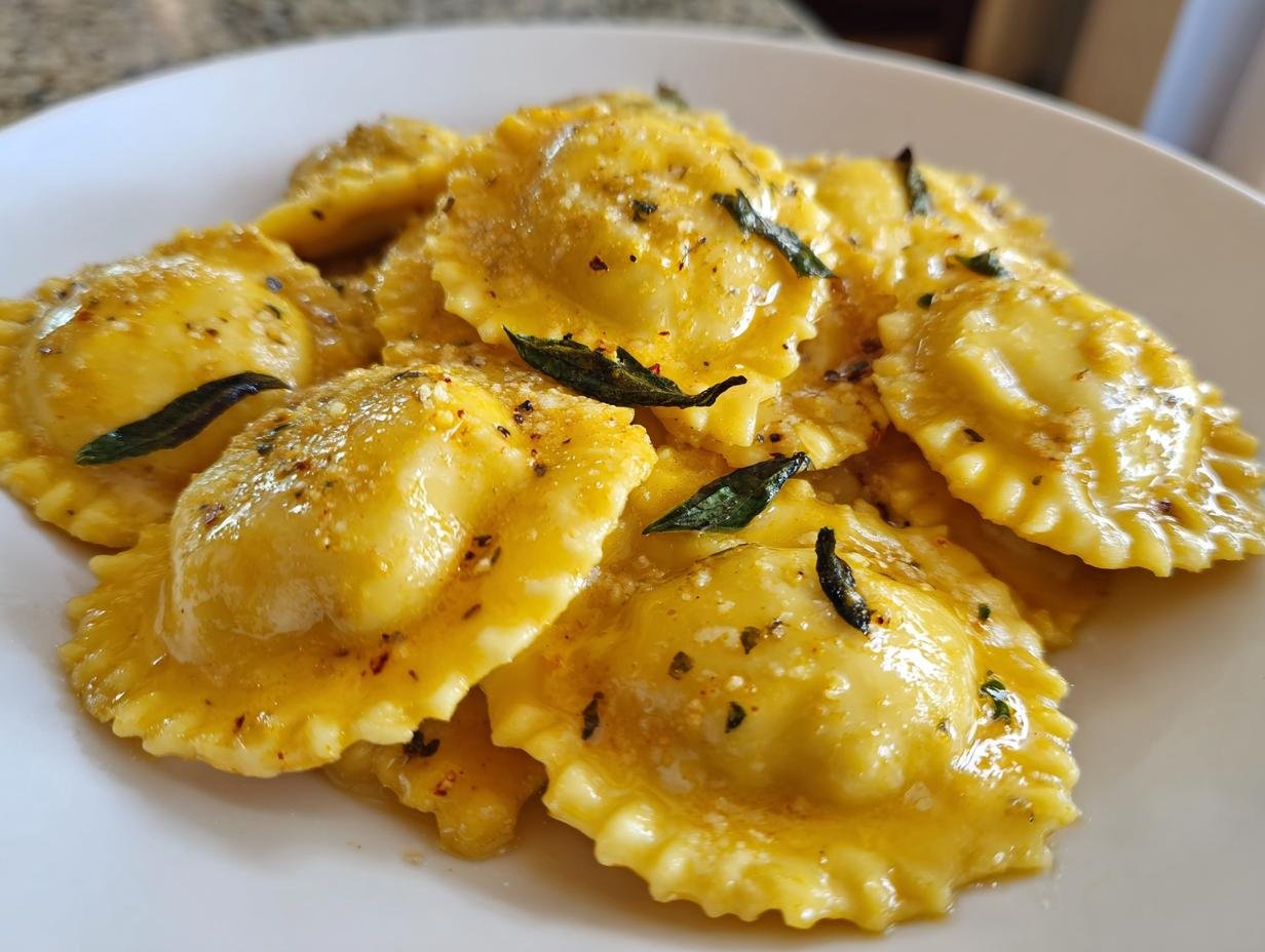 Close-up of bright yellow Cozy Sun Dried Tomato Pumpkin Ravioli coated in a light sauce and garnished with sage.