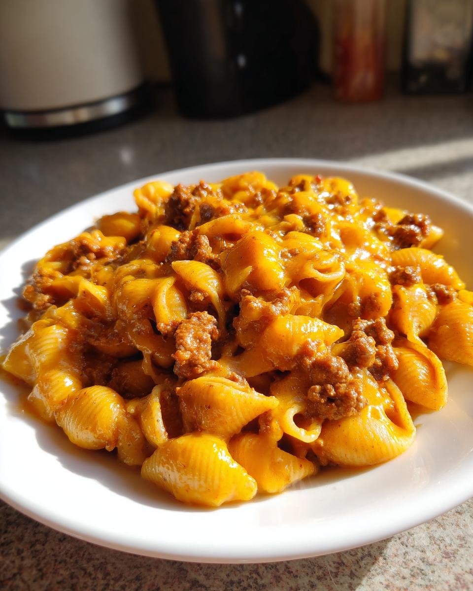 A close-up of a white bowl filled with Irresistible Creamy Beef And Shells Recipe coated in a rich, orange cheese sauce.