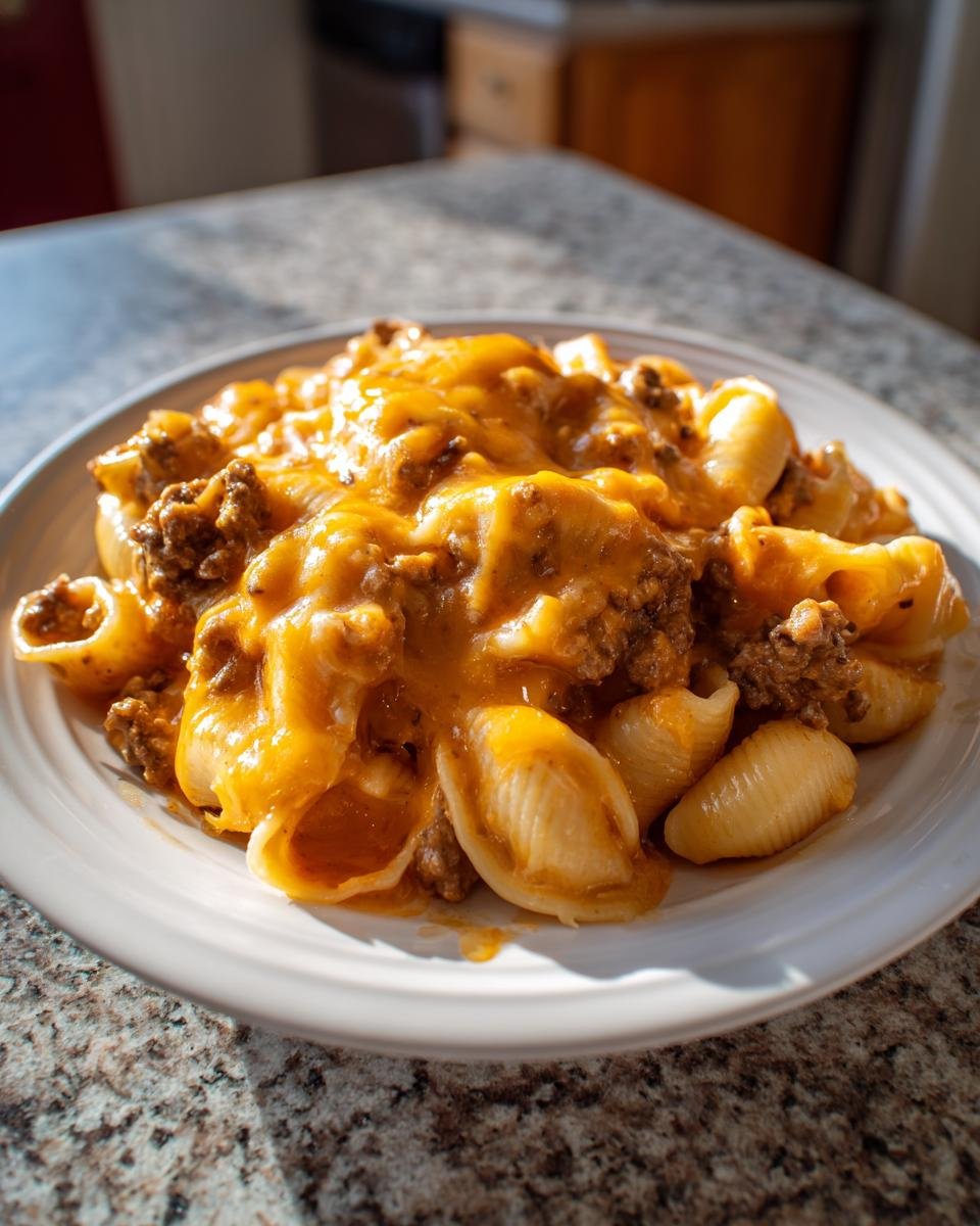 A close-up of a hearty serving of Irresistible Creamy Beef And Shells Recipe topped with melted cheddar cheese.