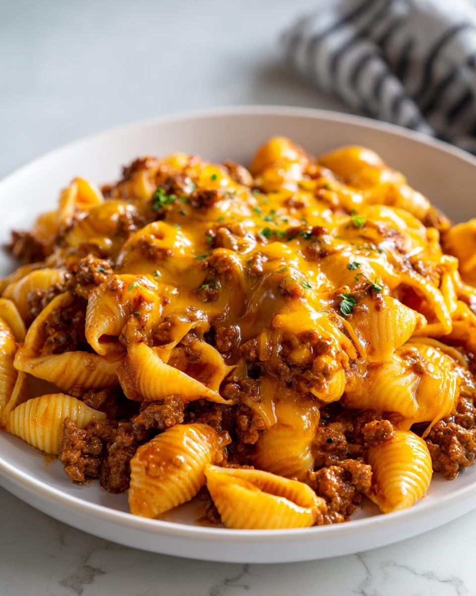 A close-up of a bowl filled with Irresistible Creamy Beef And Shells Recipe, topped with melted cheddar cheese.
