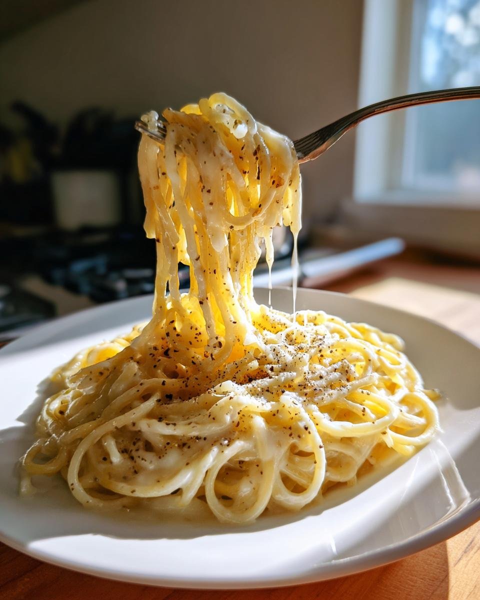 A fork lifts creamy spaghetti coated in cheese and black pepper, showcasing the texture of Irresistible Cacio E Pepe Delight.