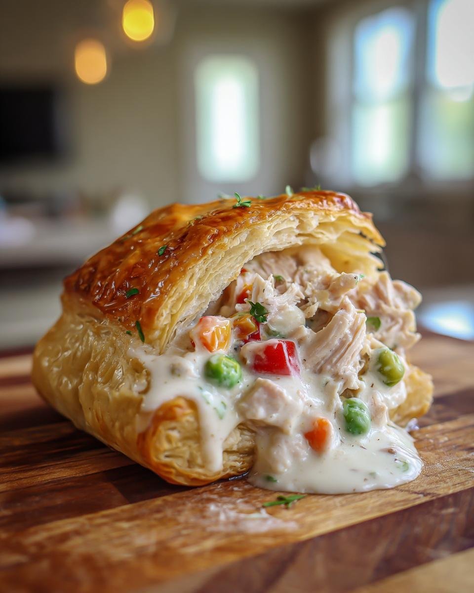 A serving of Creamy Chicken A La King recipe filling oozing from a golden, flaky puff pastry shell.
